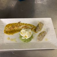 Artichoke and licorice mouss, guacamole and lime mouss ,mash kiwi and anis vanilla oil olive  at La Petite Marche in Dijon