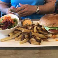 Chicken burger and fries   at MeeT on Main in Vancouver