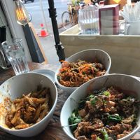 From left to right
Butter Chickinw Poutine
Pad Thai
Seoul Bowl at MeeT on Main in Vancouver