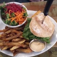 burger with fries at MeeT on Main in Vancouver