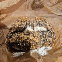 Everything bagel with tofutti veggie cream cheese. Nice big chunks of veg. at The Works Bakery Cafe in Concord