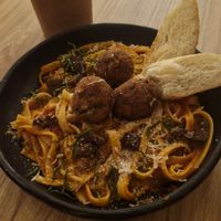Tomato sauce with eggplants, basil and tofu&spinach balls at Bottega Matti in Bogota