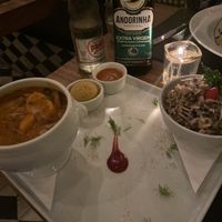 Delicious shiitake and palmitate moqueca with farofa, pimento sauce and beet coulis   at Le Manjue Bistro Organique in Sao Paulo