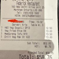 Receipt   at Federick Restaurant in Markham