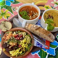 2 soup sampler with small salad, bread & hummuss  at Soepp in Alkmaar