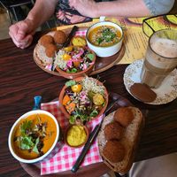 Soup platter. Top: sweet potato soup. Bottom: red lentil soup at Soepp in Alkmaar