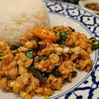 stir fried plant based minced pork with basil at Ros'niyom Emporium in Bangkok