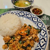 stir fried plant based minced pork basil at Ros'niyom Emporium in Bangkok