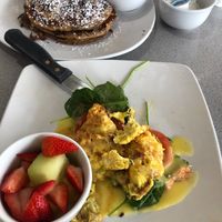 Egg Benedict with cheese sauce and blueberry pancakes- all vegan of course  at Silver Diner in Cherry Hill