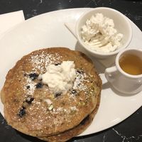 Oat milk pancakes with coconut whip cream at Silver Diner in Reston