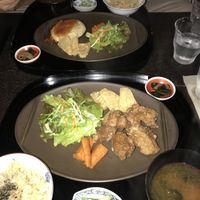 (t,b) tofu burger (a special) and the soy fried meat set (normal menu) at Vegetable Cafe Sorafune in Kamakura