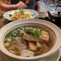 Pho soup (front), Pad Thai, Inger-Lemon tea at An Vegan Restaurant in Karlsruhe