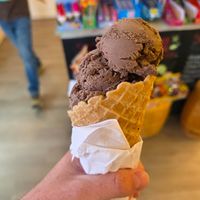 Black raspberry ice cream with a vegan cone at The Saco Scoop in Saco
