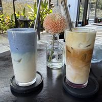 Blue matcha Smurf & pistachio lavender latte w oat   at OZ restaurant in Kuta