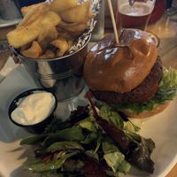 Vegan burger with fries and side saladd  at The Voyager Bar & Restaurant Dublin  in Dublin