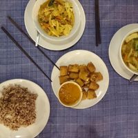 Brown rice, Panang curry, spring rolls, vegetable soup at May Kaidee Chiang Mai in Chiang Mai