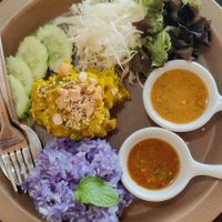 Pumpkin hummus with veggies and sticky rice at May Kaidee Chiang Mai in Chiang Mai
