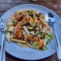 Steam noodles with vegetables and curry peanut sauce at May Kaidee Chiang Mai in Chiang Mai