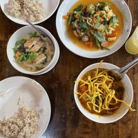 Seitan ‘fish’ curry, laab and Khao Soi  at May Kaidee Chiang Mai in Chiang Mai
