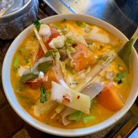 Tom Yam soup that we made at the cooking school at May Kaidee Chiang Mai in Chiang Mai