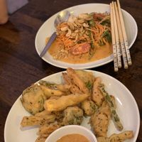 Banana flower salad and tempura vegetables with peanut dip at May Kaidee Chiang Mai in Chiang Mai