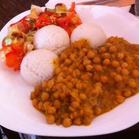 Chickpea and hokkaido sabji with rice with salad. at HalmiSpace in Kosice