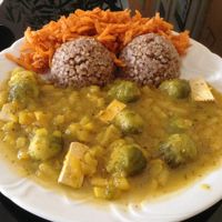 sabji from pumpkin, brussel sprouts and tofu with buckwheat, carrot salad with dried tomatoes (soup, cake and tea not on picture) at HalmiSpace in Kosice