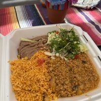 Burrito bowl with chipotle TVP as the protein. Chipotle is mildly spicy, very delicious    at El Oeste in West Yellowstone
