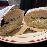 ‘Nobody Calls Me Chicken’ sandwich $17-
‘Cos lettuce, “chicken”, apple, celery, ranch, on a sourdough roll. Very tasty, but expensive! 😬  at Smith & Deli CBD in Melbourne