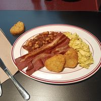 Baked beans, hash browns, not bacon, tofu scramble at Smith & Deli CBD in Melbourne