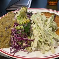 $28 large plate- red lentil dahl, roasted pumpkin, radish & cabbage slaw, and red cabbage & broccoli salad. These salads are ok, but the dahl I highly recommend.  at Smith & Deli CBD in Melbourne