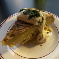 Tortilla + aioli- $12. A little drier than the vegan tortilla you’d find in Spain but very tasty still.  at Smith & Deli CBD in Melbourne