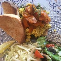 Scrambled tofu with carrot smoked salmon!!! at Cafe Valentin in Berlin