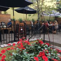 Outdoor seasonal seating in the back patio  at French Meadow Bakery & Cafe in St Paul