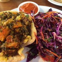Mushroom pie and salad at Pranah Cafe in Wellington