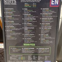 Pizza menu (vegan pizzas at the bottom )  at SENHOR SCOTT'S PIZZARIA ARTESANAL in Quarteira