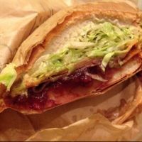 Vegan Pilgrim (vegan turkey, cranberry sauce, Sriracha, vegan dirty sauce + lettuce) on french bread at Ike's in Mesa