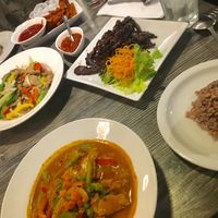panang curry, beef jerky, sweet potato fries and fresh garlic beef at Vegan Glory in Los Angeles