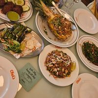 Crispy rice salad, grilled asparagus, pineapple rice, Thai larb, and Thai green beans at Chet's in West London