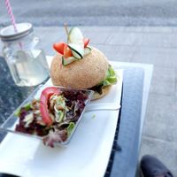 From the vegan menu: Veggie Burger (wheat protein patty, hummus, homemade mustard mayonnaise sauce, horseradish, onions, cucumber) at Mostheuriger Pihringer in Winklarn