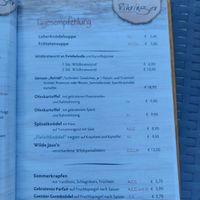 A page from the menu. Note: "Fleischknödel vegan" are homemade "meatballs" (potato dough filled with pea protein) with cabbage and potatoes at Mostheuriger Pihringer in Winklarn