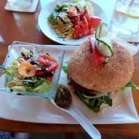 Vegan burger (wheat protein patty, hummus, homemade mustard mayonnaise sauce, horseradish, onions, cucumber) (the salad in the background was a separate order) at Mostheuriger Pihringer in Winklarn