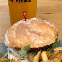 Chick’n burger with hold the pickle beer at Fort George Brewery in Astoria