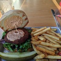 Close up of isotope Burger at Fort George Brewery in Astoria