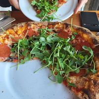 Level 4 pizza with added arugula at Fort George Brewery in Astoria