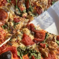Popeye pizza with vegan cheese  at Fort George Brewery in Astoria