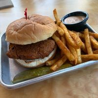Vegan Nashville Chicken Sandwich w/ vegan aioli and fries at Fort George Brewery in Astoria