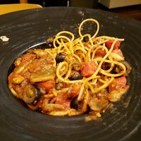 Half Eaten Tomato based Spaghetti with mushrooms and black olives at Soul R. Vegan Cafe in Taipei