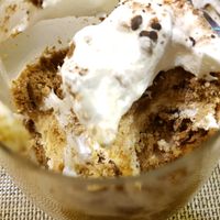 Half eaten Tiramisu. Strong coffee taste, very moist and creamy. Has chocolate bits sprinkled. at Soul R. Vegan Cafe in Taipei