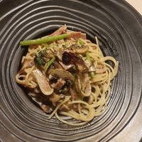 Pasta with Alfredo sauce. Topped with spinach and vegan bacon at Soul R. Vegan Cafe in Taipei